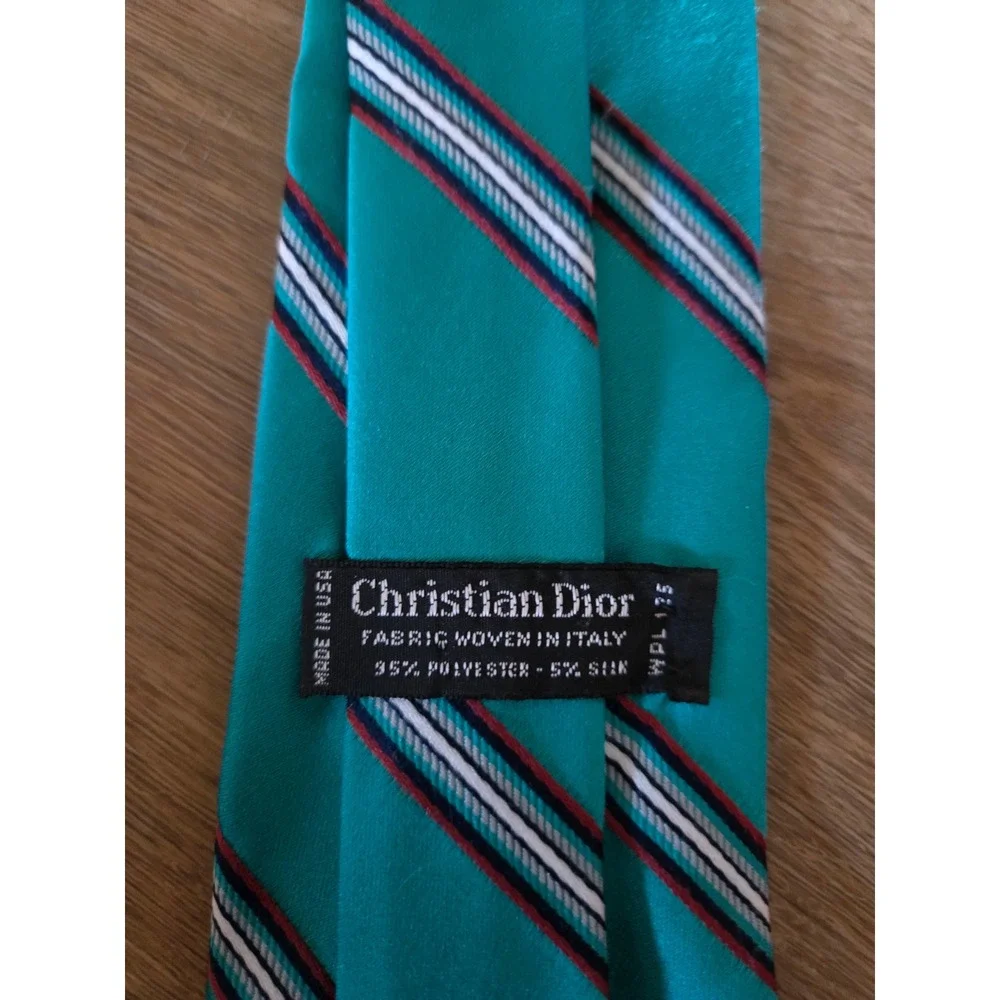 Christian Dior Vintage Teal Striped Silk Blend Tie Italian Fabric Logo - Picture 5 of 5